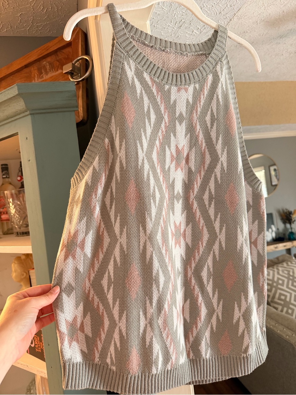 Amazon Aztec Knit Tank Top - Light Gray & Blush